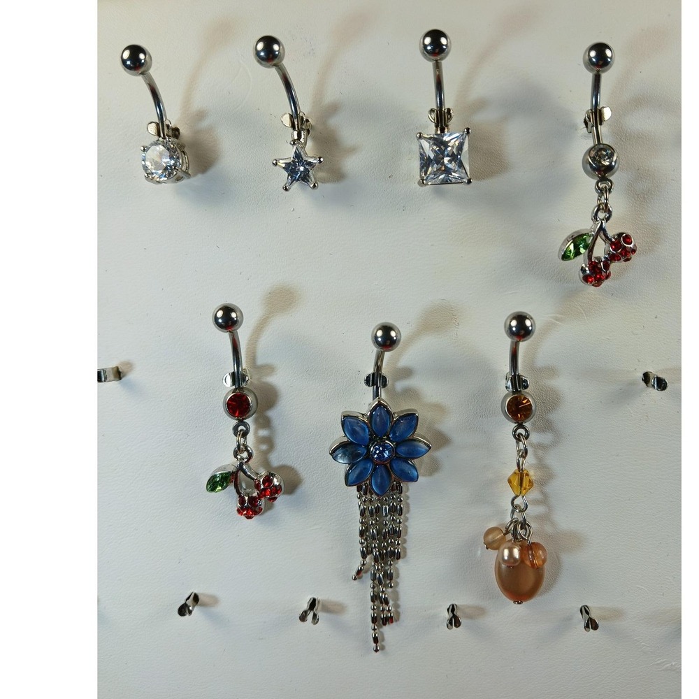 Vintage 90s Belly Button Rings 316L Surgical Steel 14G Cherry Flower CZ 7pc Set - Picture 8 of 17